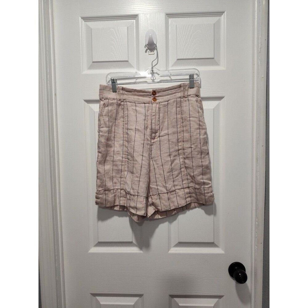 Soft Surroundings Tan Khaki Montecito 100% Linen Shorts Size‎ Small Blue Stripe - Picture 3 of 9